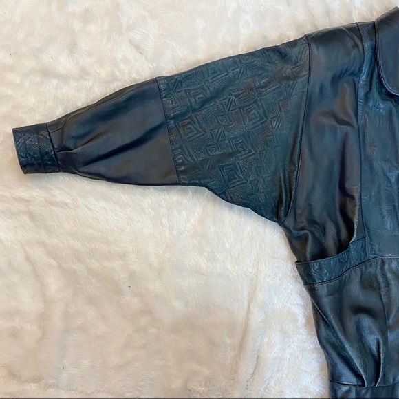 VINTAGE 80s Etched Navy Blue Leather Jacket - Picture 4 of 8